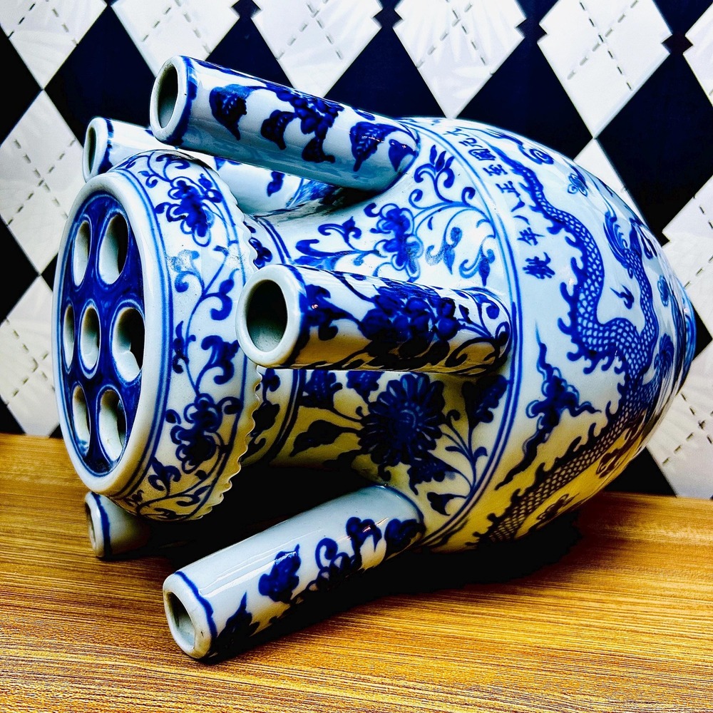 Grand Tulipière 15" Blue & White Chinoiserie Dragon Vase Porcelain Multi-Spout - Picture 12 of 17